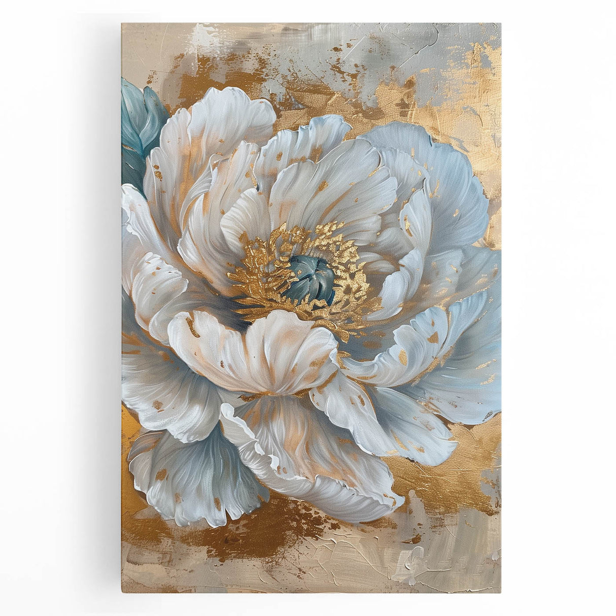 Stretched canvas wall art featuring a vibrant botanical design of peonies in soft pinks and greens, perfect for adding a touch of nature-inspired elegance to home decor.
