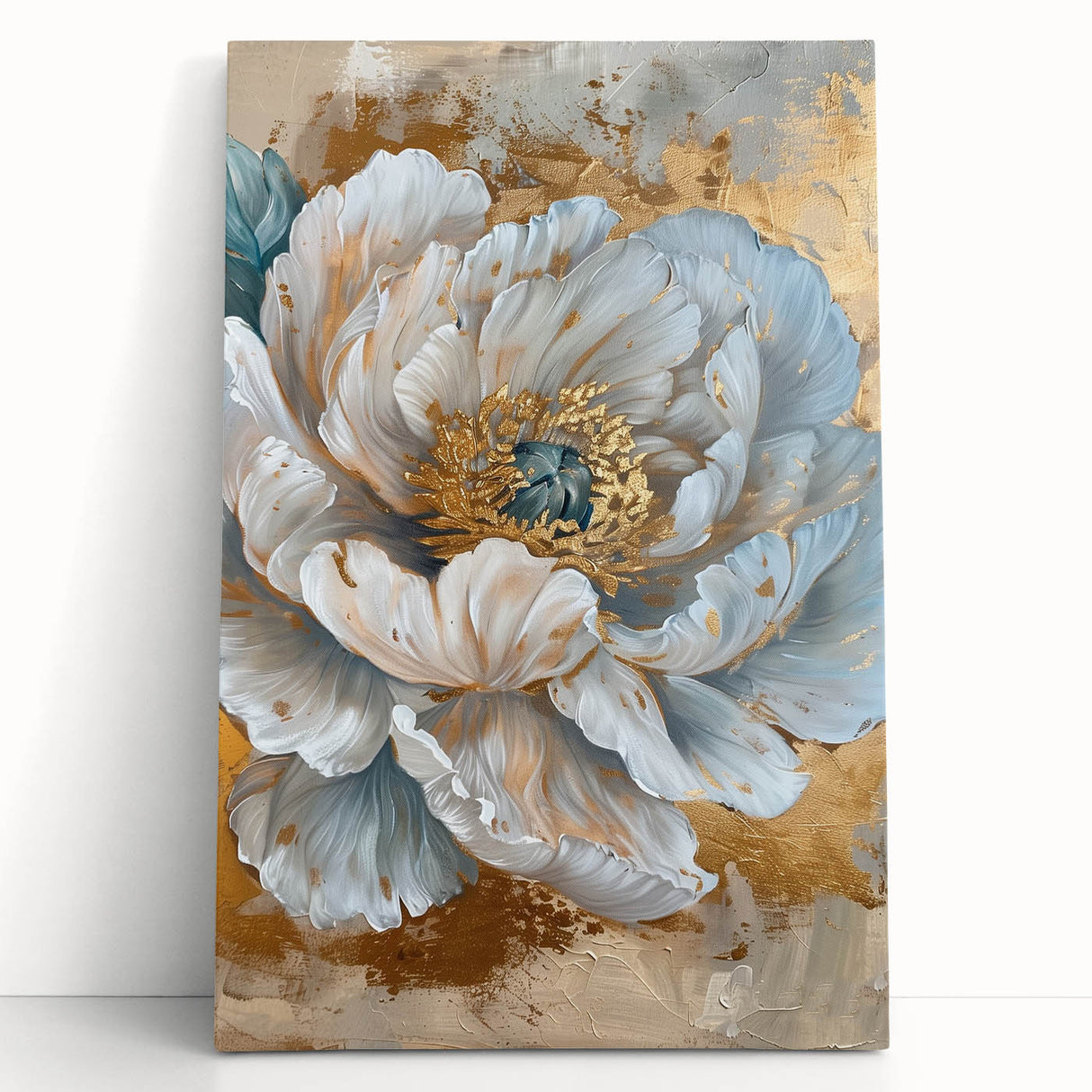 Stretched canvas wall art featuring a vibrant botanical peony design with soft pink and green hues, elegantly leaning against a neutral background, adding floral elegance to any decor.