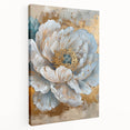 Stretched canvas wall art displaying a vibrant botanical peony design with soft pink and green hues, showcasing intricate floral details and an elegant side view. Perfect for enhancing home decor and creating a serene atmosphere.