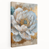 Stretched canvas wall art displaying a vibrant botanical peony design with soft pink and green hues, showcasing intricate floral details and an elegant side view. Perfect for enhancing home decor and creating a serene atmosphere.