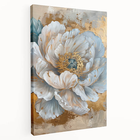 Stretched canvas wall art displaying a vibrant botanical peony design with soft pink and green hues, showcasing intricate floral details and an elegant side view. Perfect for enhancing home decor and creating a serene atmosphere.
