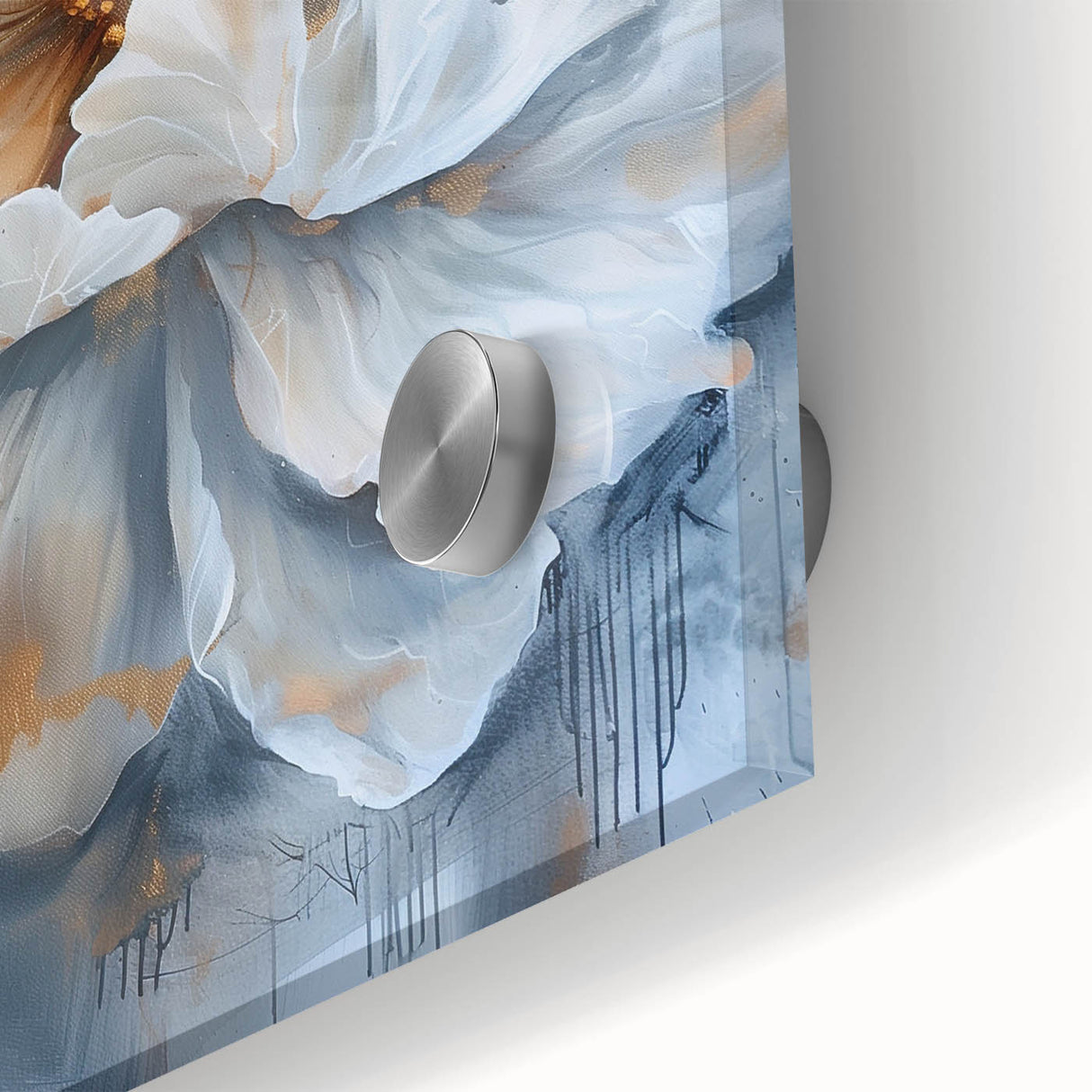Close-up of a botanical peony design wall art collection, showcasing vibrant pink and white flowers on acrylic glass, perfect for home decor.