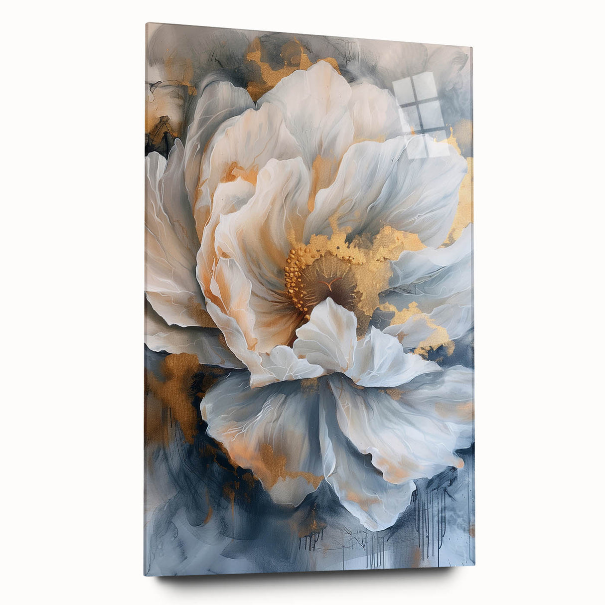 Acrylic glass wall art showcasing a botanical design of vibrant peonies in soft pink and cream tones, elegantly displayed in a side view without pins, perfect for home decor.