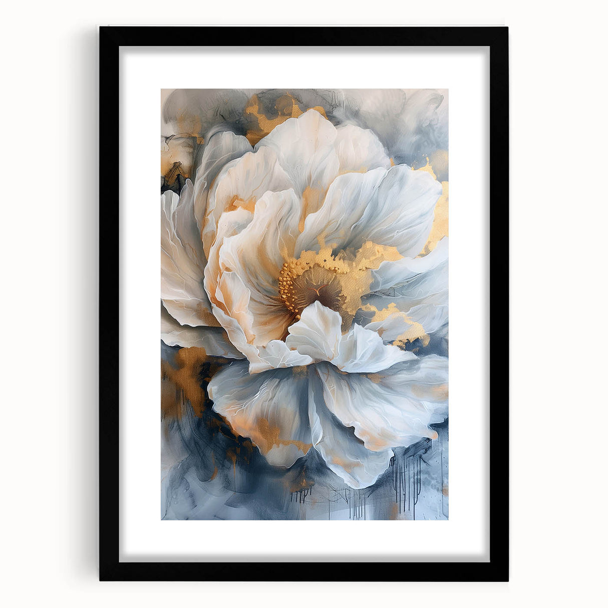 Framed botanical peony wall art in a sleek black frame, showcasing vibrant pink and white flowers with a soft mat, perfect for home décor accents.