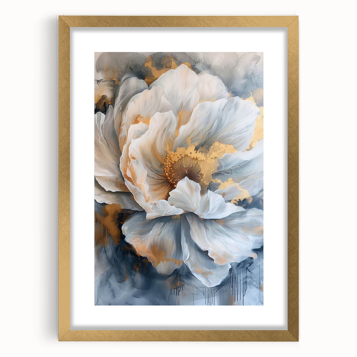 Elegant botanical wall art featuring a peony design in a gold frame with a mat. The artwork showcases soft pink and white flowers, perfect for home decor.