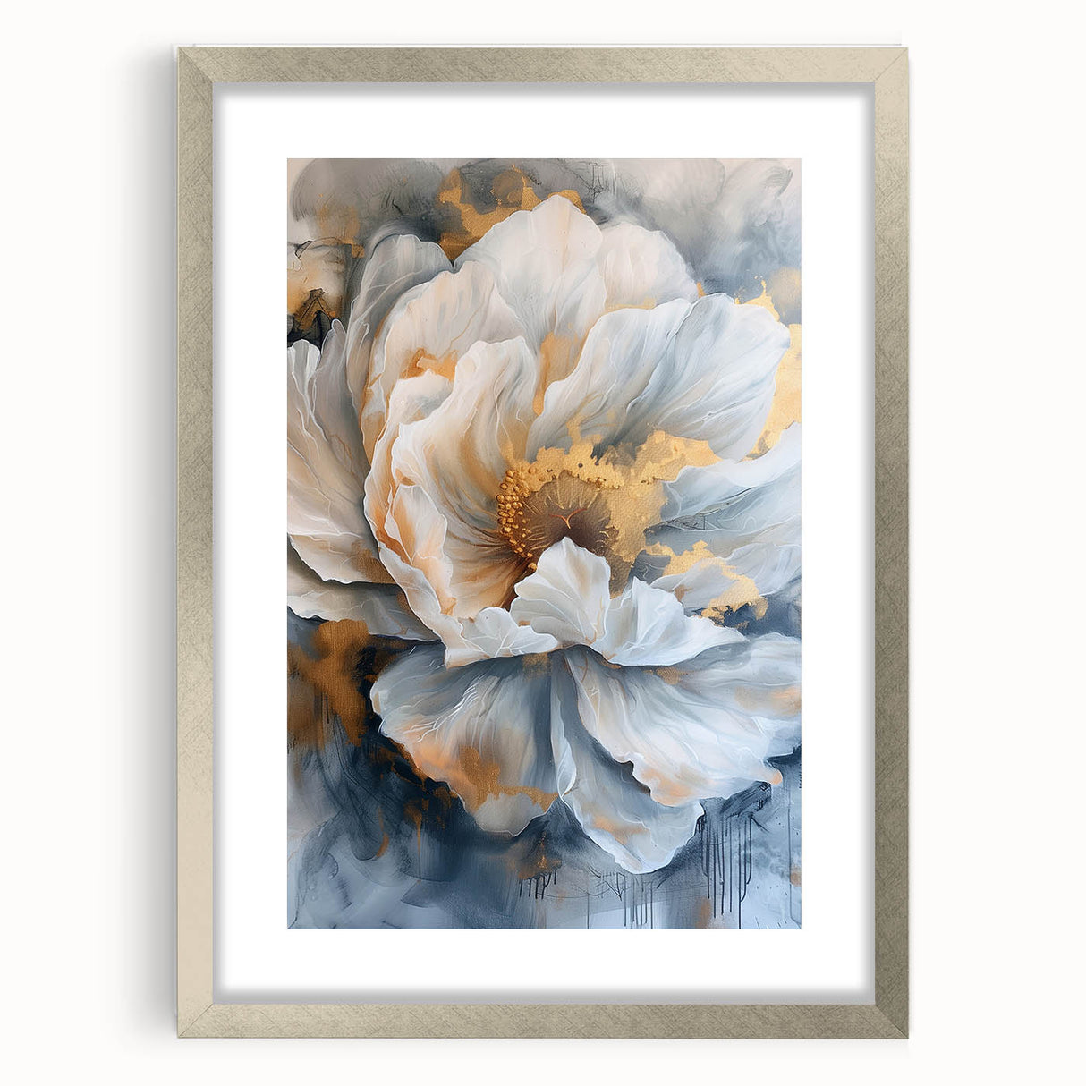 Peony botanical wall art framed in silver, showcasing delicate pink flowers with lush green leaves, perfect for home decor and floral enthusiasts.