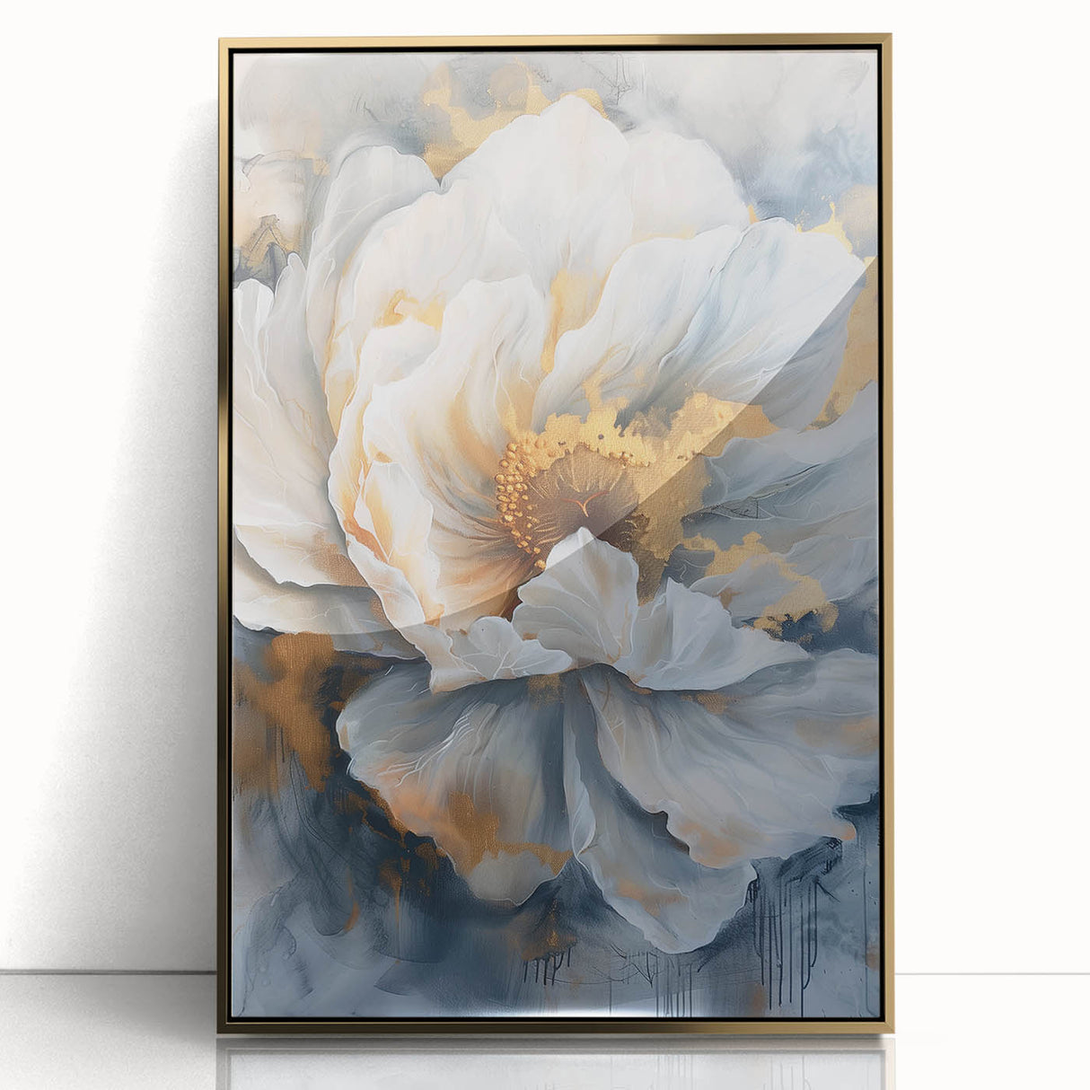 Framed botanical wall art featuring a delicate peony design in soft pink and white hues, highlighted with an elegant gold frame, perfect for home decor.