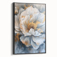 Framed botanical wall art featuring a peony design on canvas, showcased in a sleek black frame, highlighting its elegant floral details and vibrant colors.