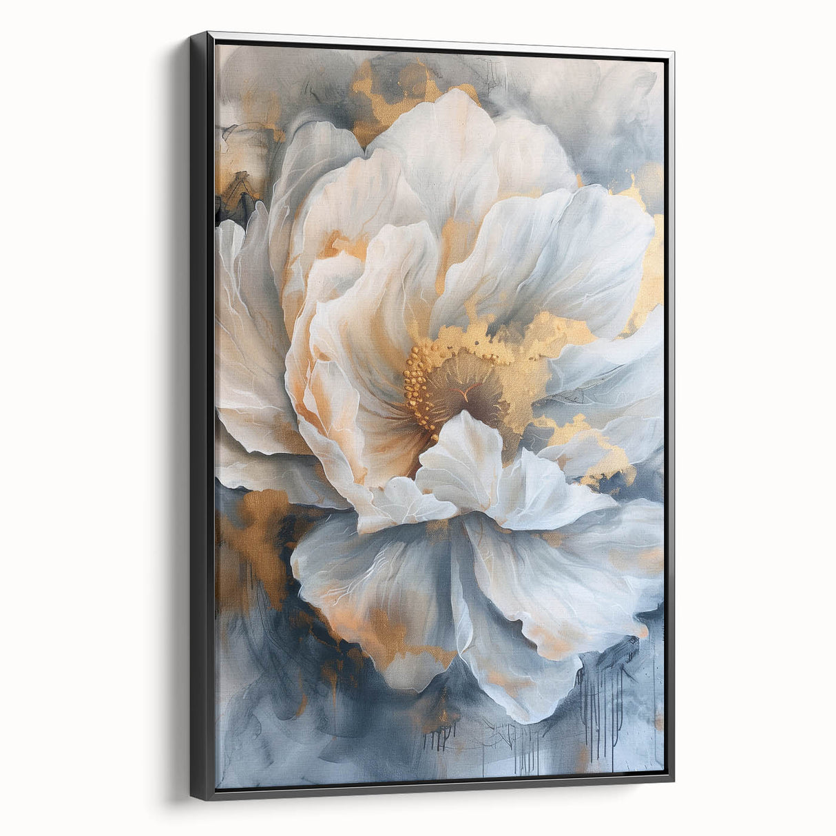 Framed botanical wall art featuring a peony design on canvas, showcased in a sleek black frame, highlighting its elegant floral details and vibrant colors.