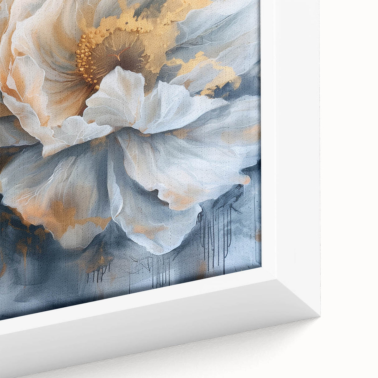 Close-up of a framed botanical peony wall art piece, showcasing vibrant pink and white flowers on a textured canvas, perfect for home decor.