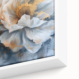 Close-up of a framed botanical peony wall art piece, showcasing vibrant pink and white flowers on a textured canvas, perfect for home decor.
