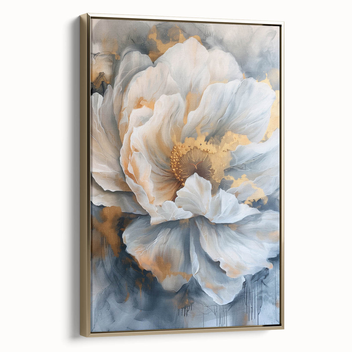 Framed canvas wall art showcasing a botanical peony design with elegant gold accents, displayed in a stylish side view. Ideal for home decor and floral enthusiasts.