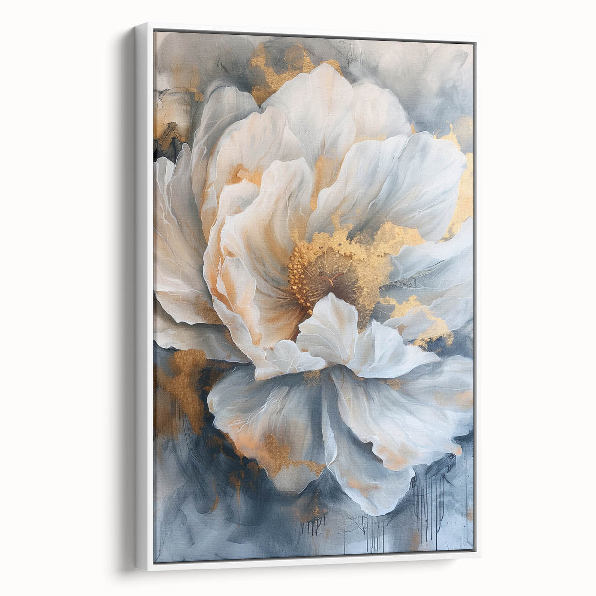 Framed canvas wall art featuring a botanical peony design in soft pink and white hues, elegantly displayed against a white backdrop, perfect for home decor.