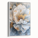 Framed canvas wall art featuring a botanical peony design in soft pink and white hues, elegantly displayed against a white backdrop, perfect for home decor.