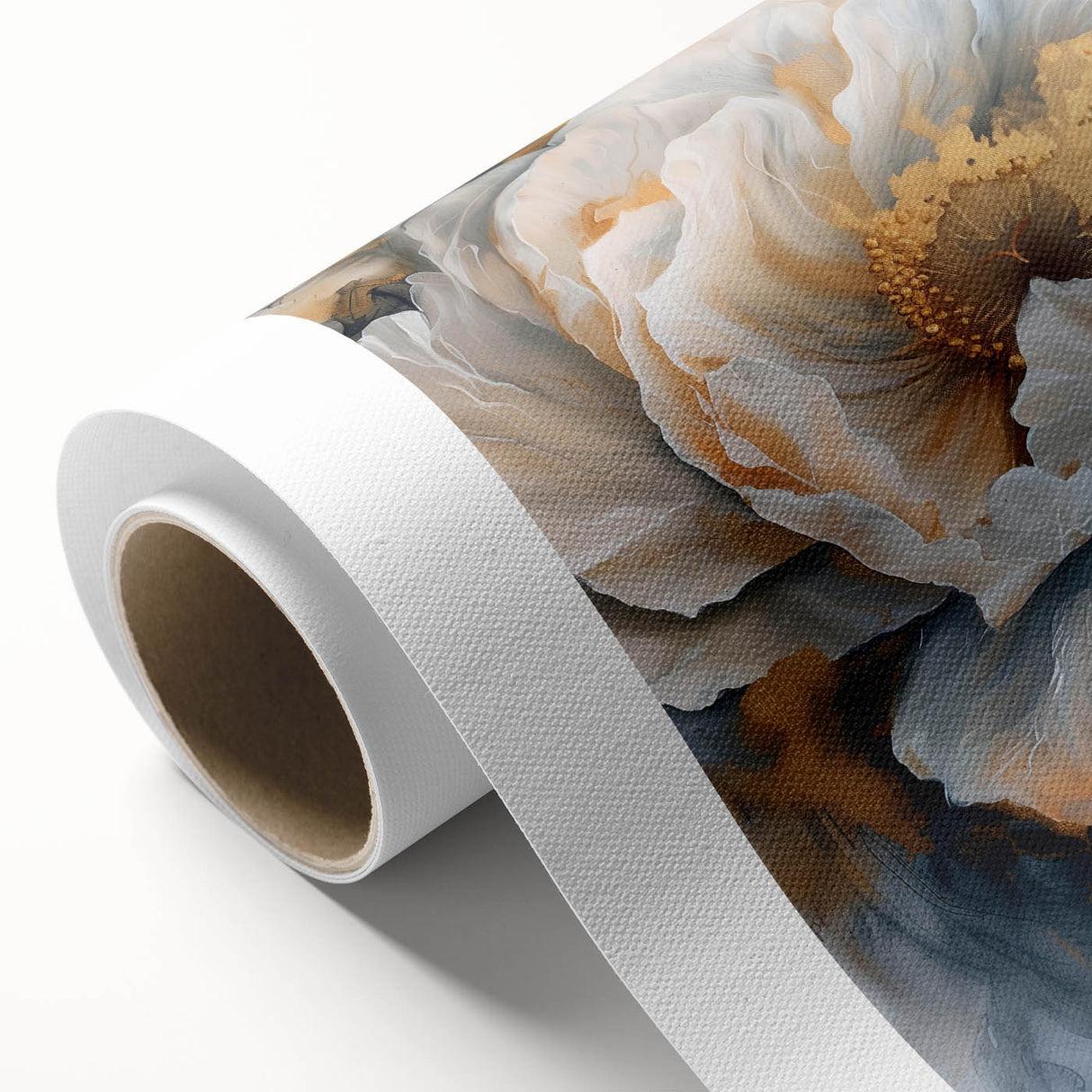 Botanical peony design wall art on rolled canvas, showcasing vibrant pink and green hues, perfect for home decor and floral enthusiasts, elegantly packaged for display.
