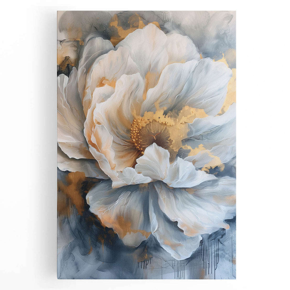 Stretched canvas wall art showcasing a vibrant botanical peony design, featuring soft pink and white flowers against a natural background, perfect for home decor.
