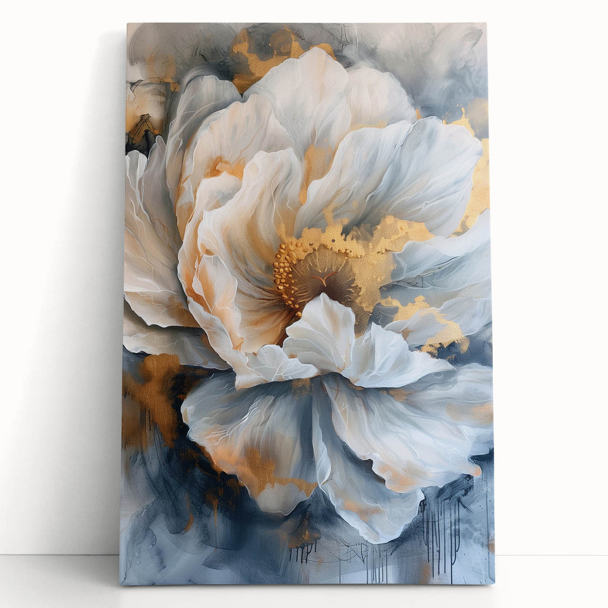 Elegant botanical wall art featuring a stunning peony design, printed on stretched canvas and leaning against a neutral backdrop, perfect for home decor.