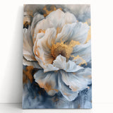 Elegant botanical wall art featuring a stunning peony design, printed on stretched canvas and leaning against a neutral backdrop, perfect for home decor.