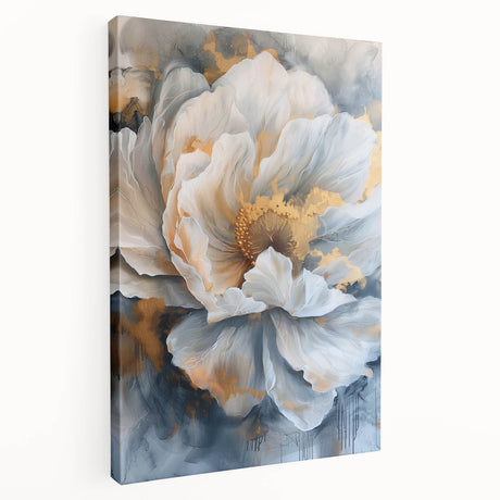 Stretched canvas wall art featuring a botanical peony design, showcasing delicate pink and white flowers against a soft pastel background, ideal for home decor.