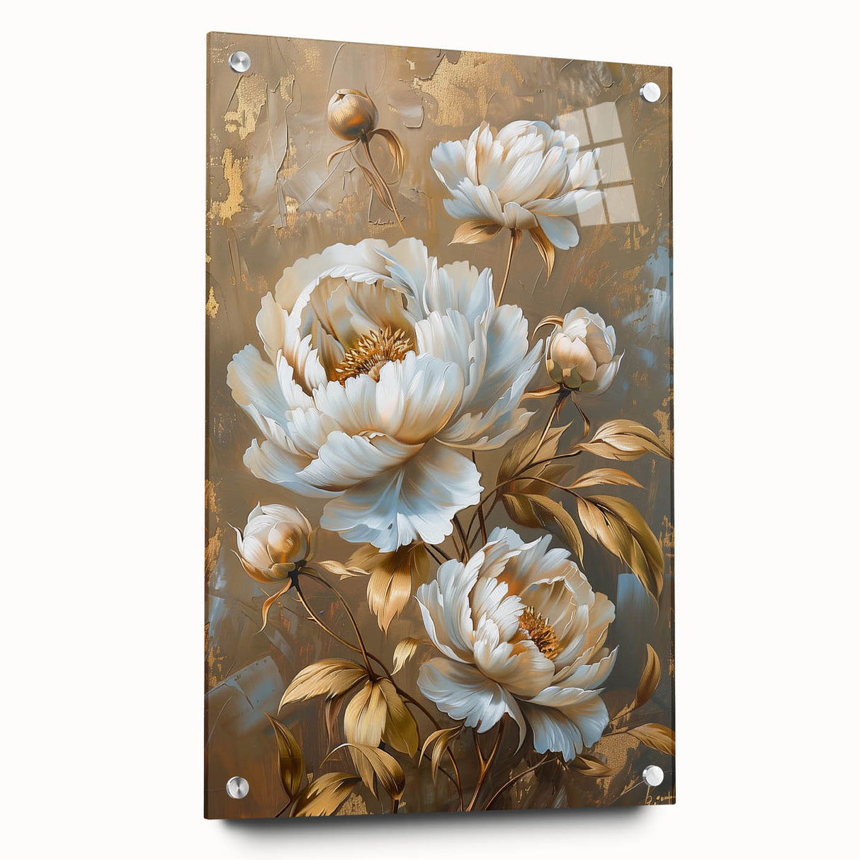Botanical wall art featuring a peony design in acrylic glass, elegantly displayed with pins on a textured surface, adding a touch of floral elegance to any decor.