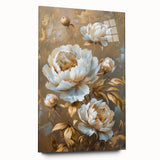 Acrylic glass wall art featuring a botanical peony design, showcasing vibrant pink and white flowers with lush green leaves, elegantly displayed from a side view.