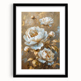 Elegant black-framed wall art showcasing a botanical peony design, featuring intricate pink and green floral details on a white background, perfect for home decor.