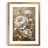 Elegant botanical peony wall art framed with a gold mat, showcasing intricate floral details and vibrant colors, perfect for enhancing modern home decor.