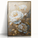 Framed botanical wall art featuring a beautiful peony design with gold accents, showcasing vibrant colors and intricate details, perfect for enhancing any decor.