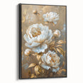 Framed botanical wall art featuring a peony design on textured canvas, showcasing vibrant colors and a sleek black frame, perfect for home decor enhancement.