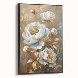 Framed botanical wall art featuring a peony design on textured canvas, showcasing vibrant colors and a sleek black frame, perfect for home decor enhancement.