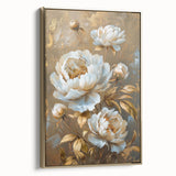 Framed wall art featuring a botanical peony design on canvas, showcasing delicate pink and white flowers with gold accents, ideal for elegant home decor.