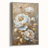 Framed canvas wall art showcasing a botanical peony design in soft pink and green hues, elegantly displayed with a silver frame, perfect for enhancing home decor.