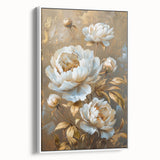 Framed canvas wall art showcasing a botanical peony design in soft pink and white hues, elegantly displayed from a side view, perfect for home decor enhancement.