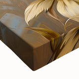 Close-up of a botanical peony wall art design printed on stretched canvas, showcasing vibrant pink and white flowers against a soft beige background, ideal for home decor.