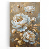 Stretched canvas artwork featuring a botanical design of vibrant peonies in shades of pink and green, ideal for home decor and floral enthusiasts, adding elegance to any room.