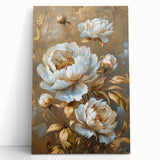 Stretched canvas wall art featuring a vibrant botanical peony design in soft pink and green hues, elegantly leaning against a neutral backdrop, perfect for home decor.