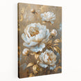 Stretched canvas print showcasing a vibrant botanical peony design in soft pinks and greens, ideal for enhancing home decor with floral elegance.