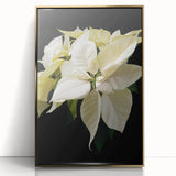 Framed botanical wall art featuring a vibrant poinsettia design against a gold background, showcasing intricate details and rich colors, perfect for holiday decor.
