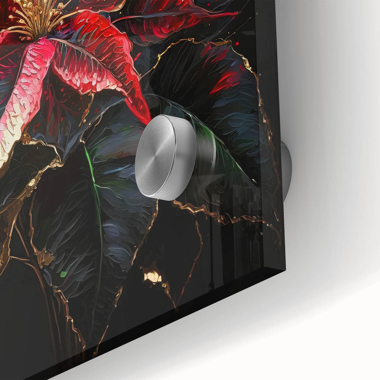Close-up of a vibrant botanical wall art design featuring a detailed poinsettia flower, showcasing rich colors and intricate textures on acrylic glass, perfect for home decor.