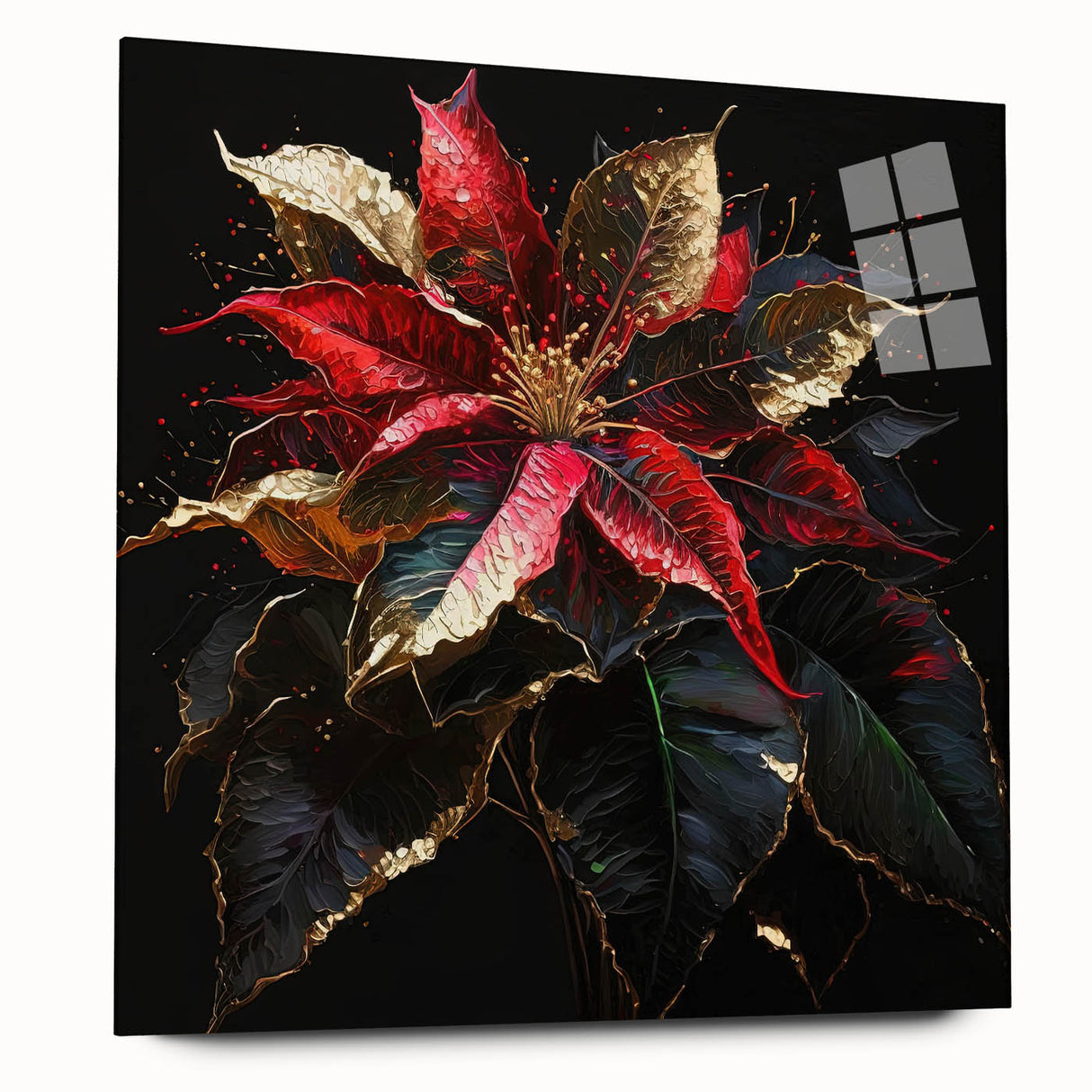 Acrylic glass wall art featuring a vibrant botanical poinsettia design, showcasing rich colors and intricate details, perfect for home decor.