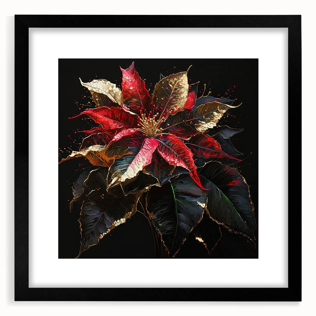 Framed botanical wall art featuring a vibrant poinsettia design set against a black mat, showcasing intricate floral details and elegant presentation for home decor.