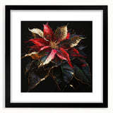 Framed botanical wall art featuring a vibrant poinsettia design set against a black mat, showcasing intricate floral details and elegant presentation for home decor.