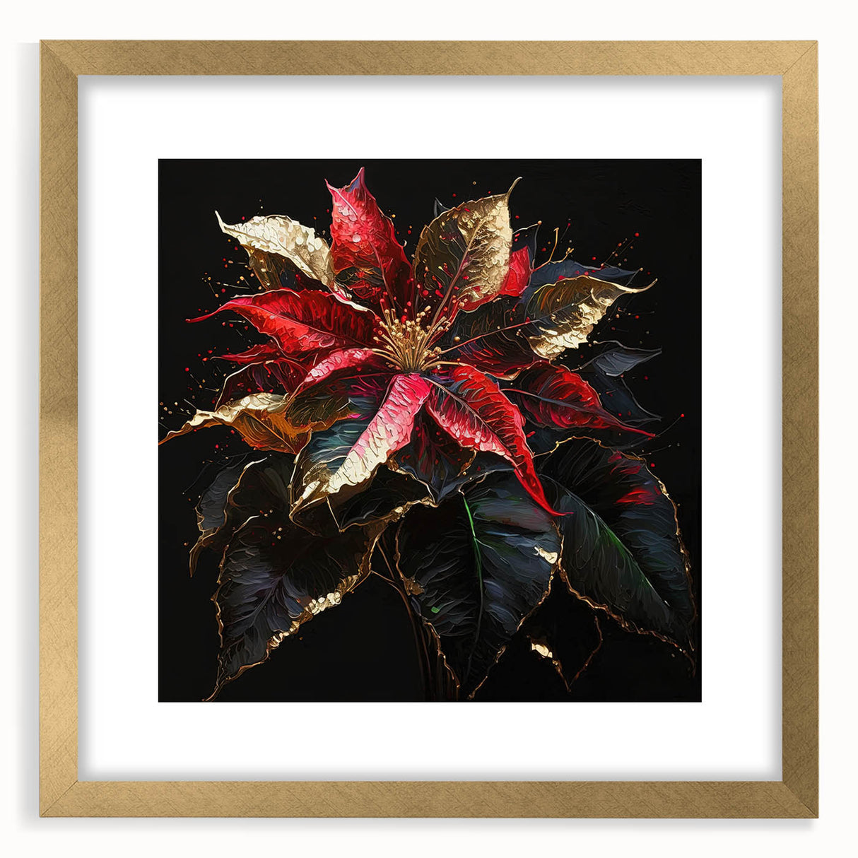 Gold-framed botanical wall art featuring a vibrant poinsettia design with a mat, ideal for home decor. Perfect for adding elegance to any space.