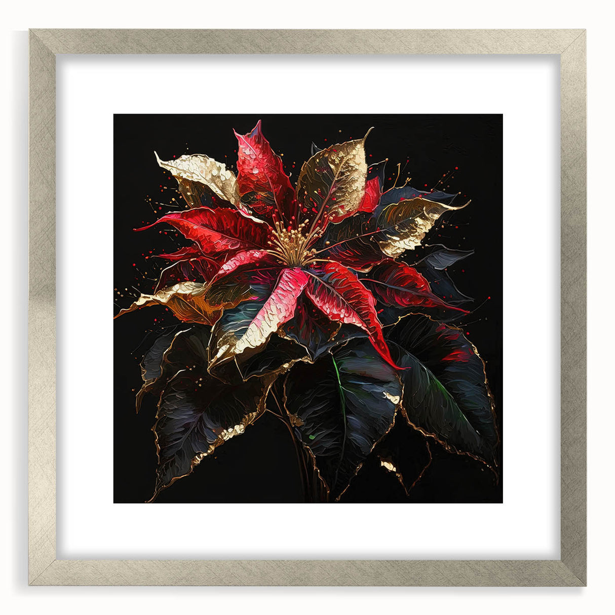 Botanical wall art design featuring a vibrant poinsettia illustration in a silver frame with a mat. Ideal for adding a touch of elegance to home decor.