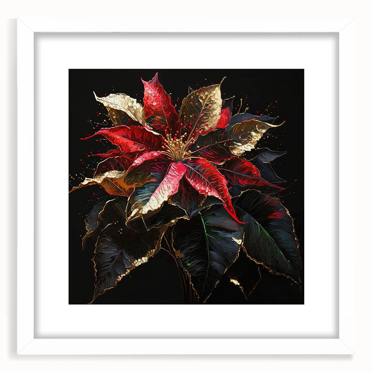 Framed botanical wall art featuring a beautifully detailed poinsettia design, set against a white mat, perfect for enhancing home decor with a touch of nature.
