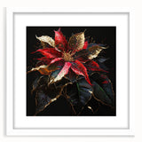 Framed botanical wall art featuring a beautifully detailed poinsettia design, set against a white mat, perfect for enhancing home decor with a touch of nature.