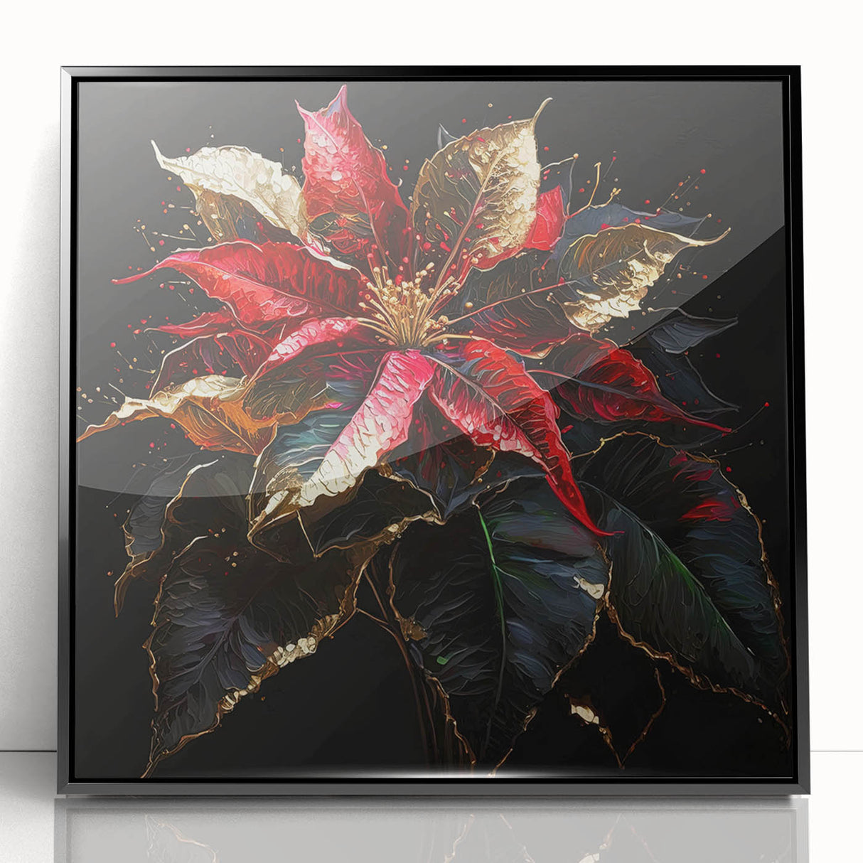Framed wall art depicting a botanical poinsettia design with vibrant red flowers and green leaves, set against a sleek black background, ideal for modern decor.