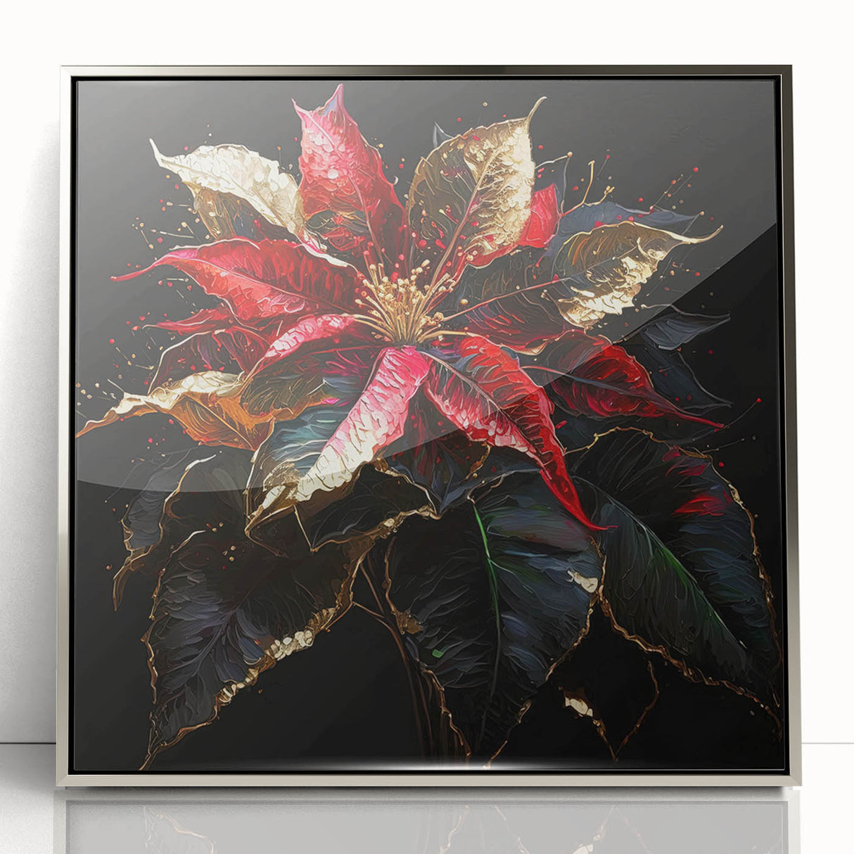 Framed acrylic wall art featuring a vibrant botanical design of poinsettias in shades of red and green, set against a silver backdrop, perfect for holiday decor.
