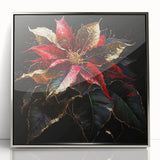Framed acrylic wall art featuring a vibrant botanical design of poinsettias in shades of red and green, set against a silver backdrop, perfect for holiday decor.