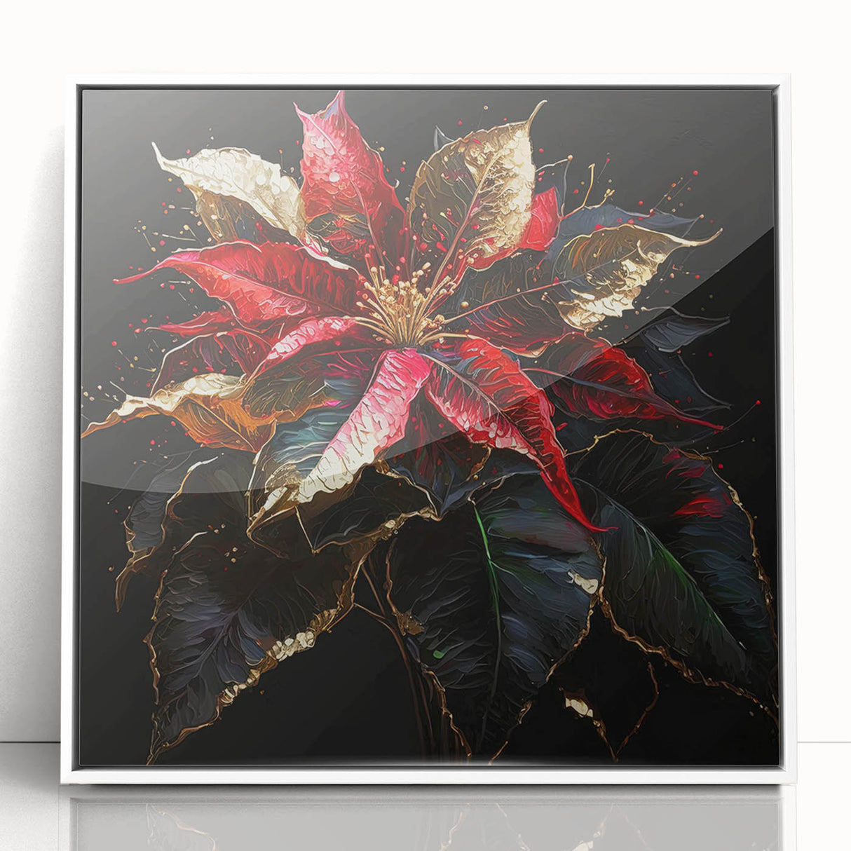 Framed wall art featuring a botanical poinsettia design on a white background, showcasing vibrant red and green colors, perfect for holiday décor or floral-themed interiors.